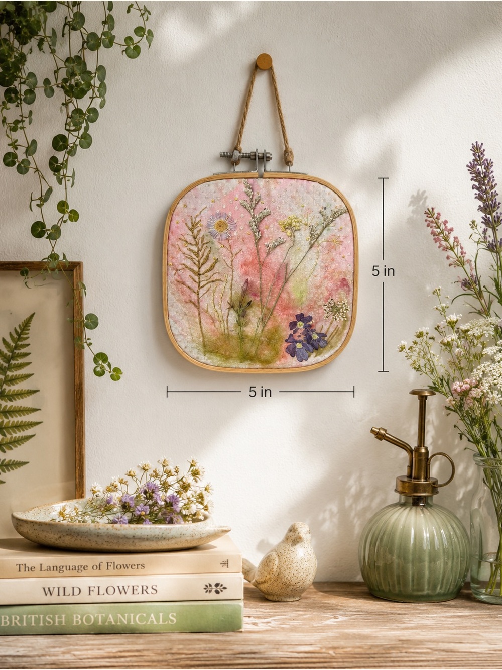 Original Mixed Media Botanical Fiber Art | Hand Embroidery, Pressed Flowers